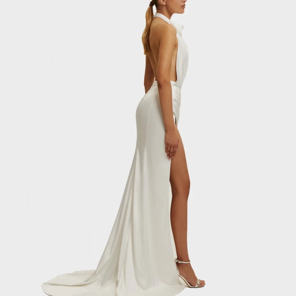 Milla White Mock neck sleeveless high slit dress
